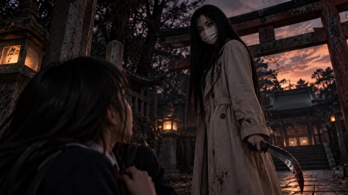 Dusk at a Japanese shrine: a tall woman in a bloodstained pale trench coat, her long black hair loose over her shoulders and a white surgical mask covering the lower half of her face, stands under the torii gate holding a curved sickle and looks down at a schoolgirl seen from behind in the foreground, lit stone lanterns along the path behind her