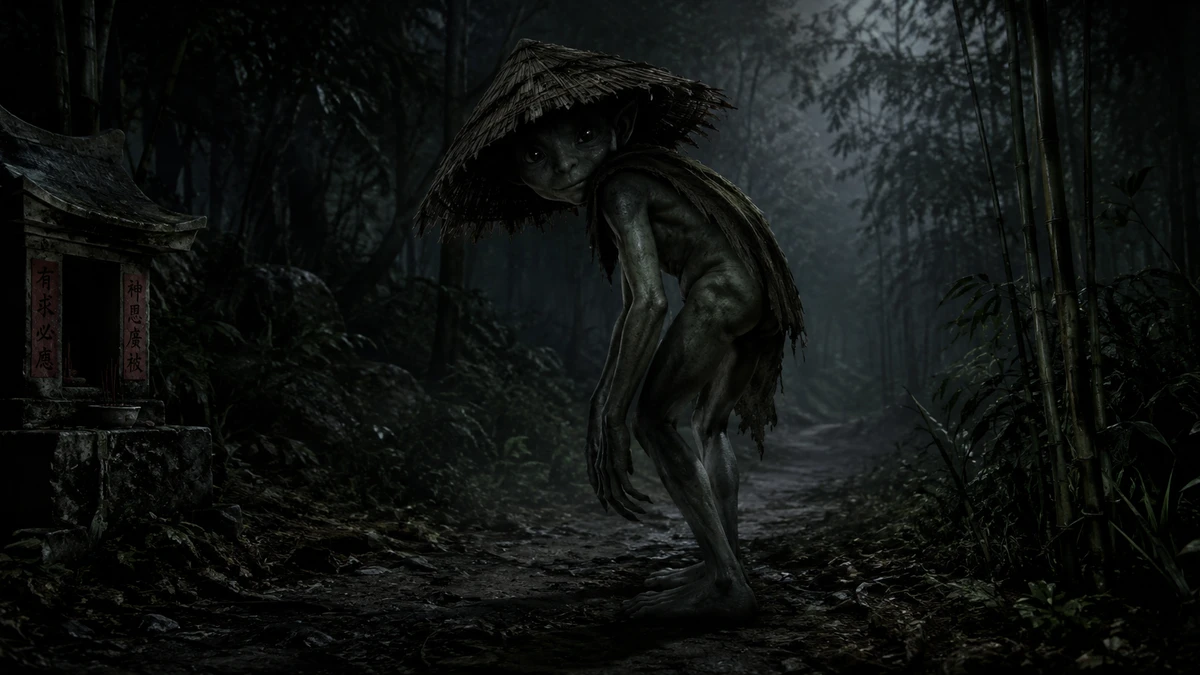 Dramatised illustration of a mosina: a small, gaunt figure in a straw hat and shredded cape standing on a dark forest path beside a weathered roadside shrine