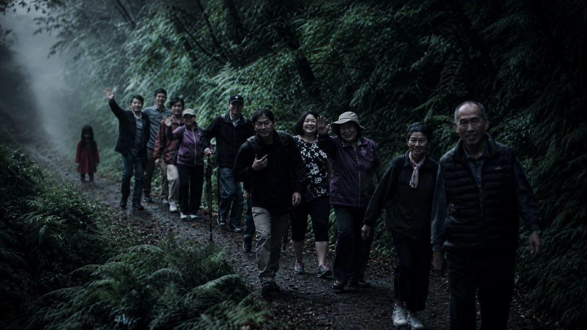 Dramatised recreation of the 1998 Dakeng home video: a line of hikers on a misty forest path, with a small figure in a red dress following far behind them