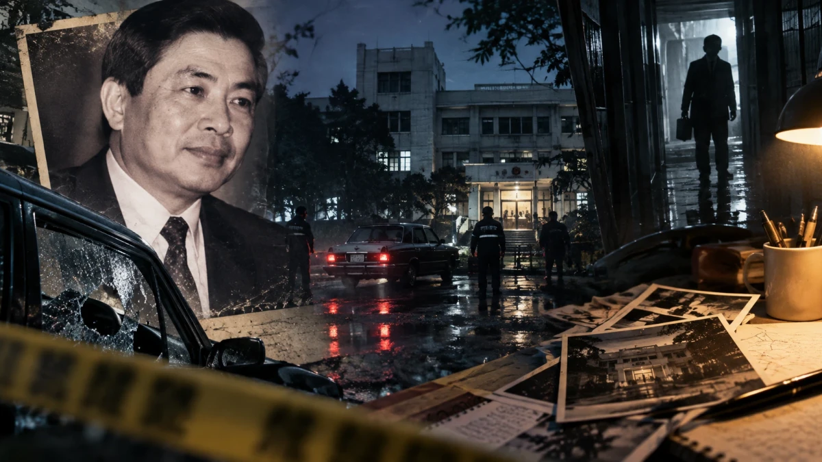 A rain-soaked night collage of the Liu Pang-yu case: a sepia portrait of the late Taoyuan magistrate in a suit and tie beside a floodlit government building with police officers and a sedan with its brake lights on, yellow crime-scene tape and a shattered car window in the foreground, and on a desk under a lamp a spread of old photographs, a mug of pens and a dark silhouette walking down a wet corridor