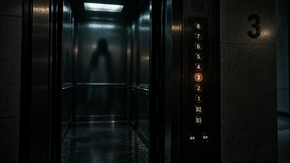 An open lift in a dim office building at night, a faint blurred human silhouette standing inside the empty steel car, the button panel beside the door lit for the third floor, and a large number 3 on the stone wall