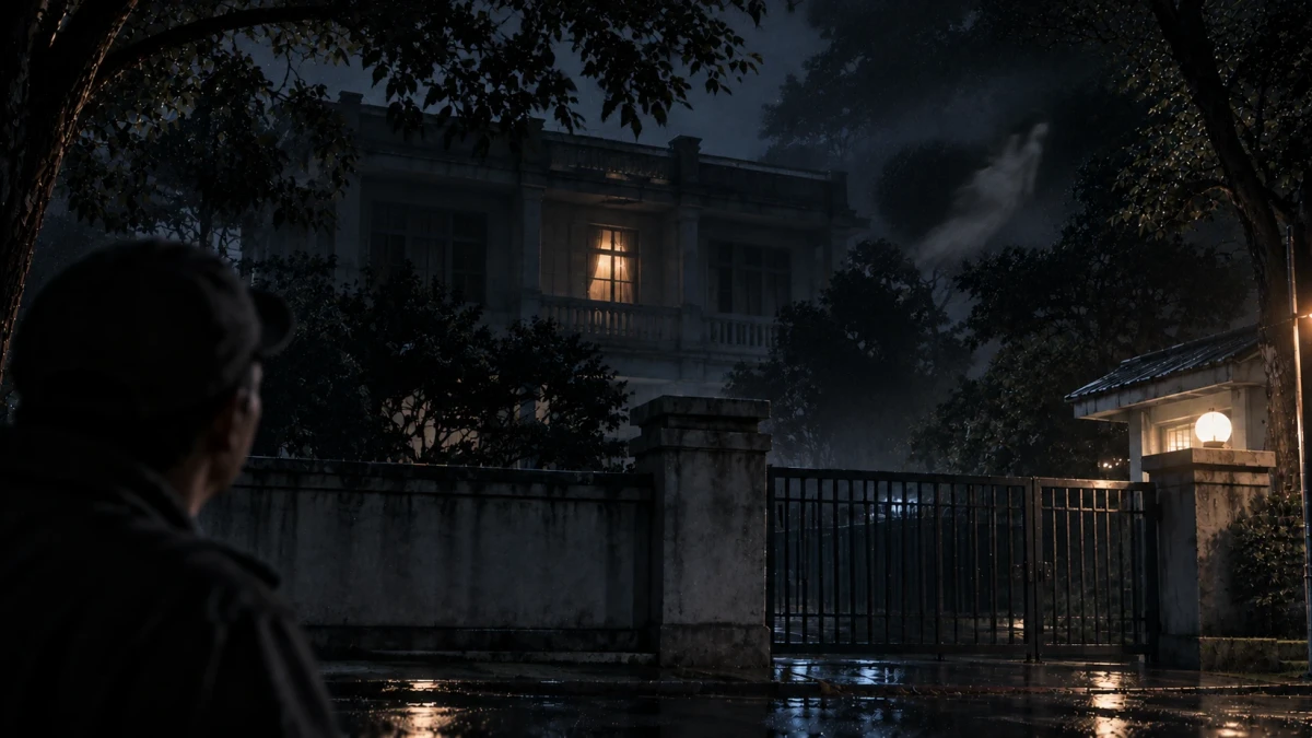 A man in a cap seen from behind, standing on a rain-slick street at night and looking across a wall and an iron gate at the abandoned two-storey residence, one upstairs window lit behind curtains, a small lit guardhouse by the gate, and a pale shape rising at an angle into the dark trees beside the house