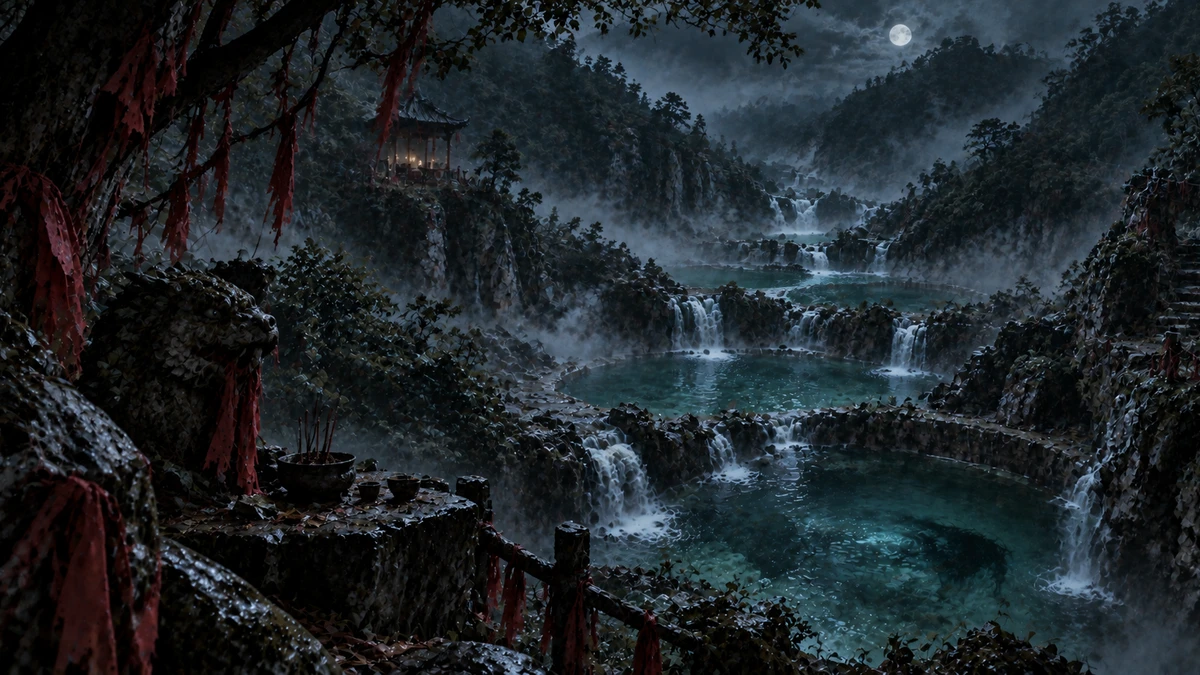 Dramatised illustration of the Longwang Eighteen Pools gorge in Linhai, Zhejiang, China at night under a full moon: terraced turquoise pools and waterfalls falling away through the mist, red cloth strips hanging from the trees, a stone table with a bowl of incense sticks and cups beside a moss-covered stone beast, and a small pavilion lit on the far hillside