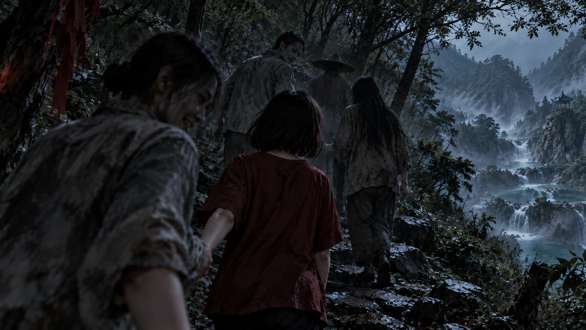 Dramatised illustration of a woman with short dark hair in a red shirt, seen from behind, being led up a stone path through a dark forest by several grey, mud-stained figures, one of them turning back to smile at her, red cloth strips tied to a tree and terraced pools in the mist far below