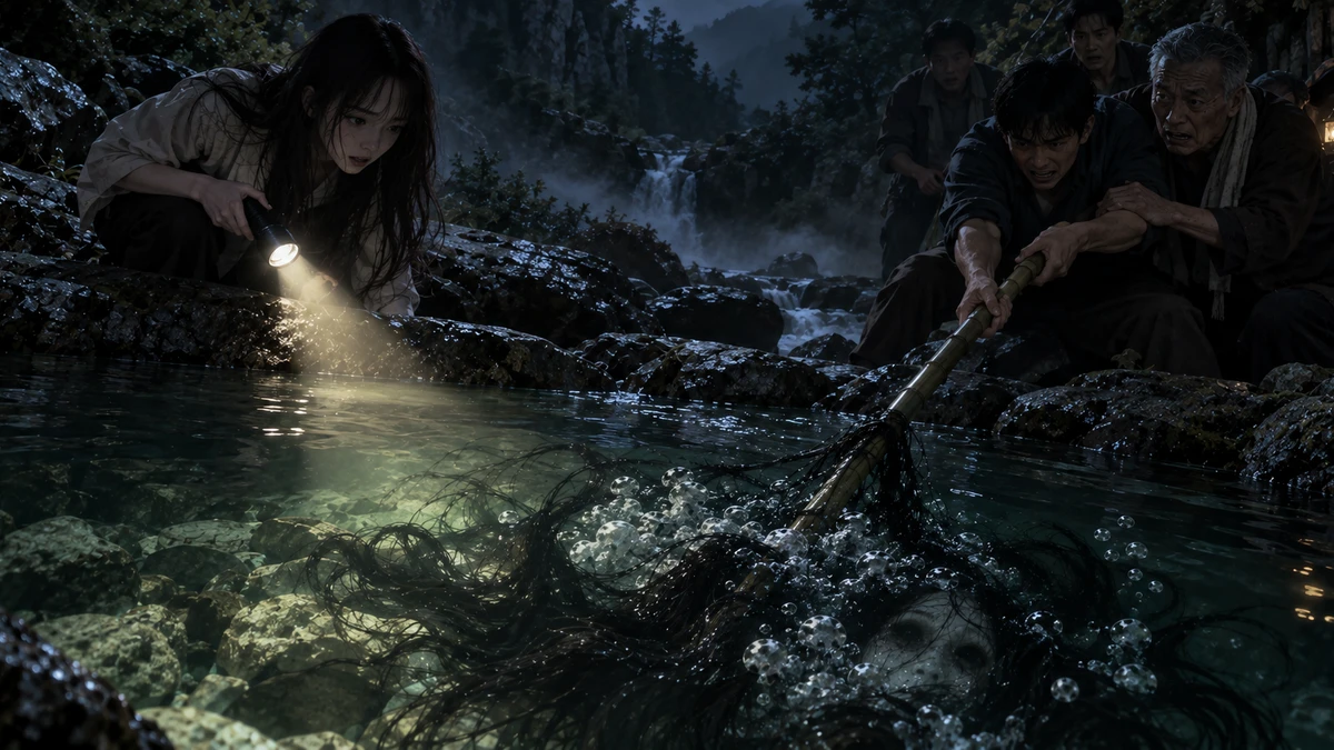 Dramatised illustration of the night search at Longwang Eighteen Pools in Zhejiang, China: a young woman crouching on the wet rocks shining a torch into a clear mountain pool, men on the far bank forcing a bamboo pole down into the water, and under the surface a mass of long black hair, rising bubbles and a pale face among the stones