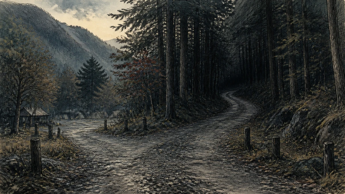 Dramatised hand-drawn illustration of an empty gravel road forking between a mountain campsite and a dark cedar forest in Doshi, Yamanashi