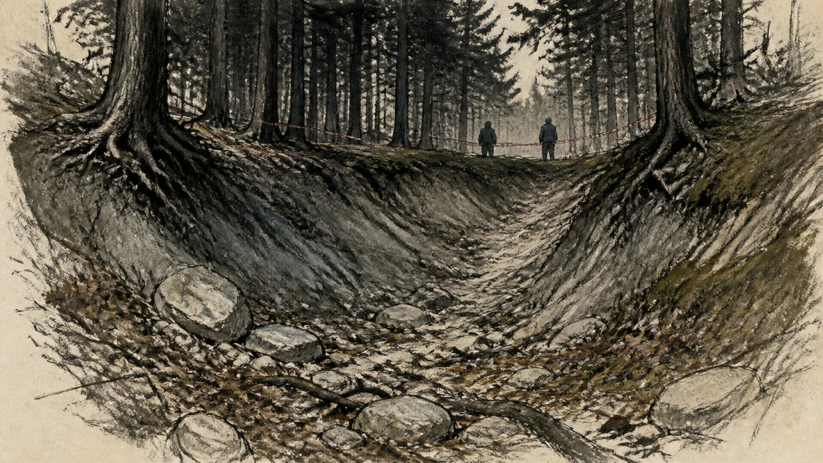Dramatised hand-drawn illustration of an empty dry ravine beneath cedar trees, with two distant adult searchers standing behind a cordon at the ridge