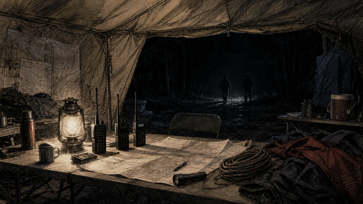 Dramatised hand-drawn illustration of an empty nighttime search command tent with lanterns, radios, maps and two distant adult searchers walking into the darkness