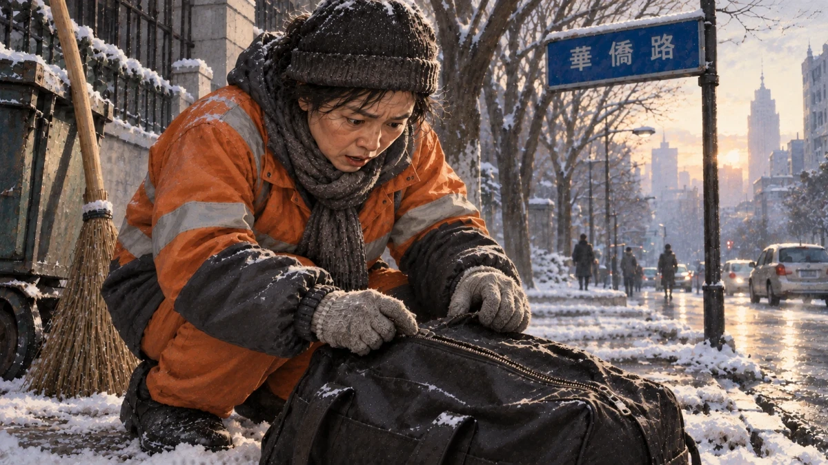 A street cleaner in an orange work jacket, knitted hat and scarf crouching in the snow beneath a Huaqiao Road street sign at dawn, her gloved hands on the zip of a closed black holdall, with a broom and a rubbish cart behind her and the snowy streets of Nanjing beyond