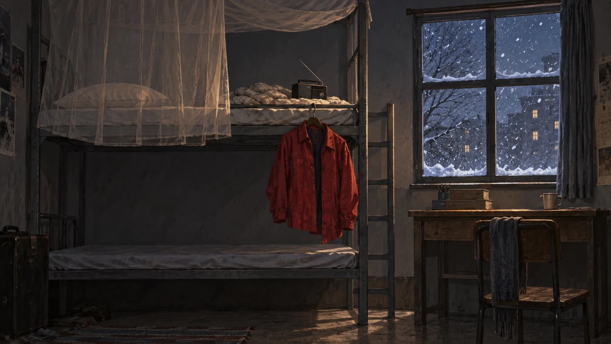 A dim 1990s Chinese university dormitory at night: a metal bunk bed with a mosquito net over the upper bunk and a small radio beside the pillow, a red jacket hanging from the bed frame, a desk with books and a cup, and snow falling past the window