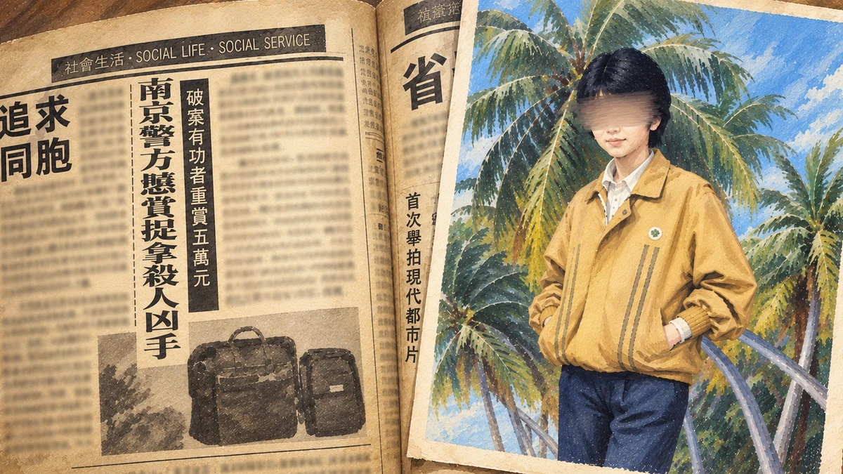 A yellowed newspaper spread with a Chinese headline announcing a police reward for the killer and a photograph of two travel bags, beside a faded painted portrait of a short-haired young woman in a yellow jacket among palm trees, her eyes pixelated out