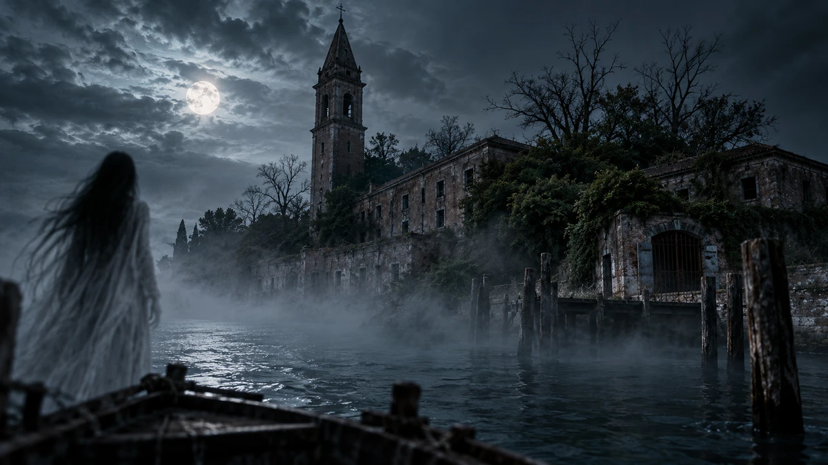 A cinematic night scene from the bow of an old wooden boat drifting toward a small overgrown island under a full moon and heavy clouds: a tall bell tower rises above a long, ruined hospital building with broken windows and ivy, rotting wooden mooring posts stand in the black water, mist creeps across the lagoon, and at the left edge of the boat stands a pale figure in a white gown with long dark hair, seen from behind