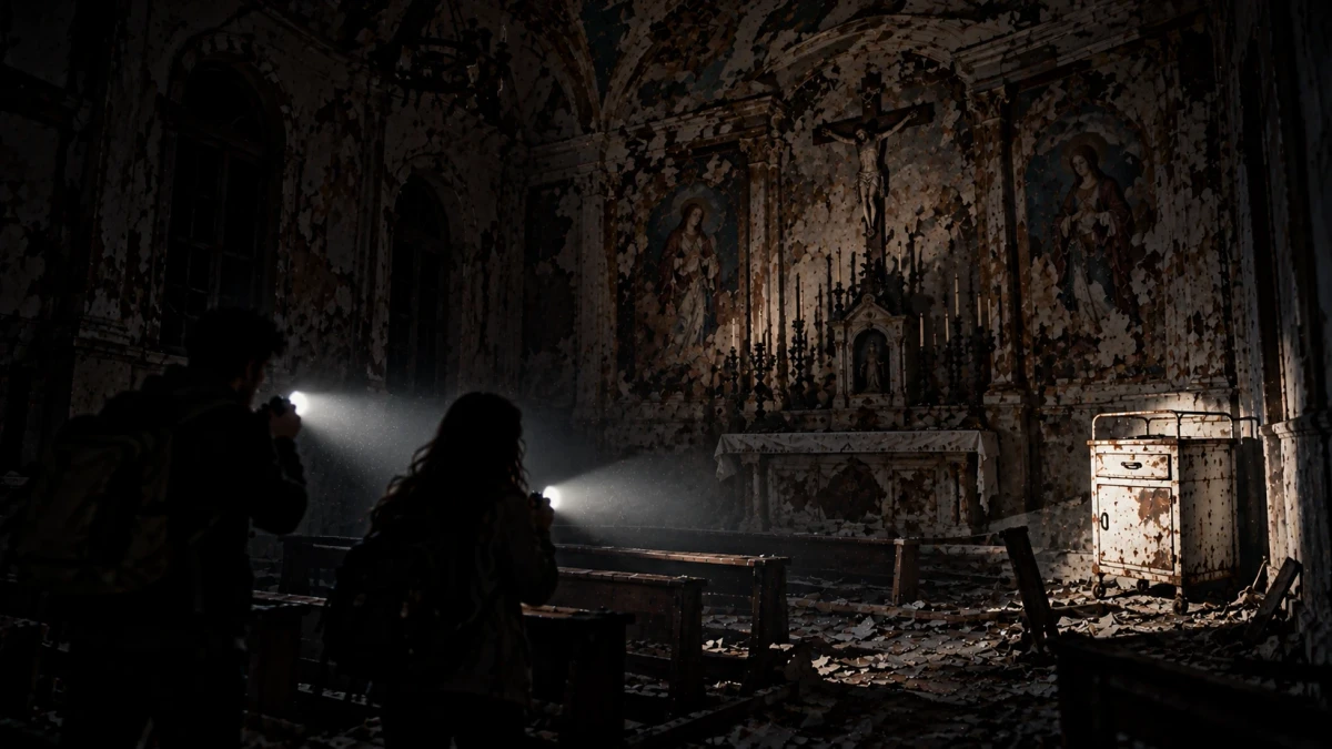 A cinematic picture of a dark, ruined chapel with peeling religious frescoes, a crucifix above a dusty altar and broken wooden pews, where two figures seen from behind point torches across the room, their beams landing on a rusted steel hospital bedside cabinet standing alone on the right