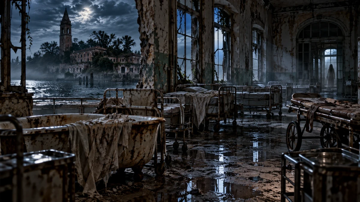 A cinematic night picture inside a derelict hospital ward: a stained clawfoot bathtub draped with filthy rags in the foreground, rows of rusting iron beds and gurneys on a wet, mud-streaked floor, tall broken windows looking out on the moonlit lagoon and a bell tower above an overgrown island, and far away in an arched doorway a pale figure with long dark hair standing in the mist