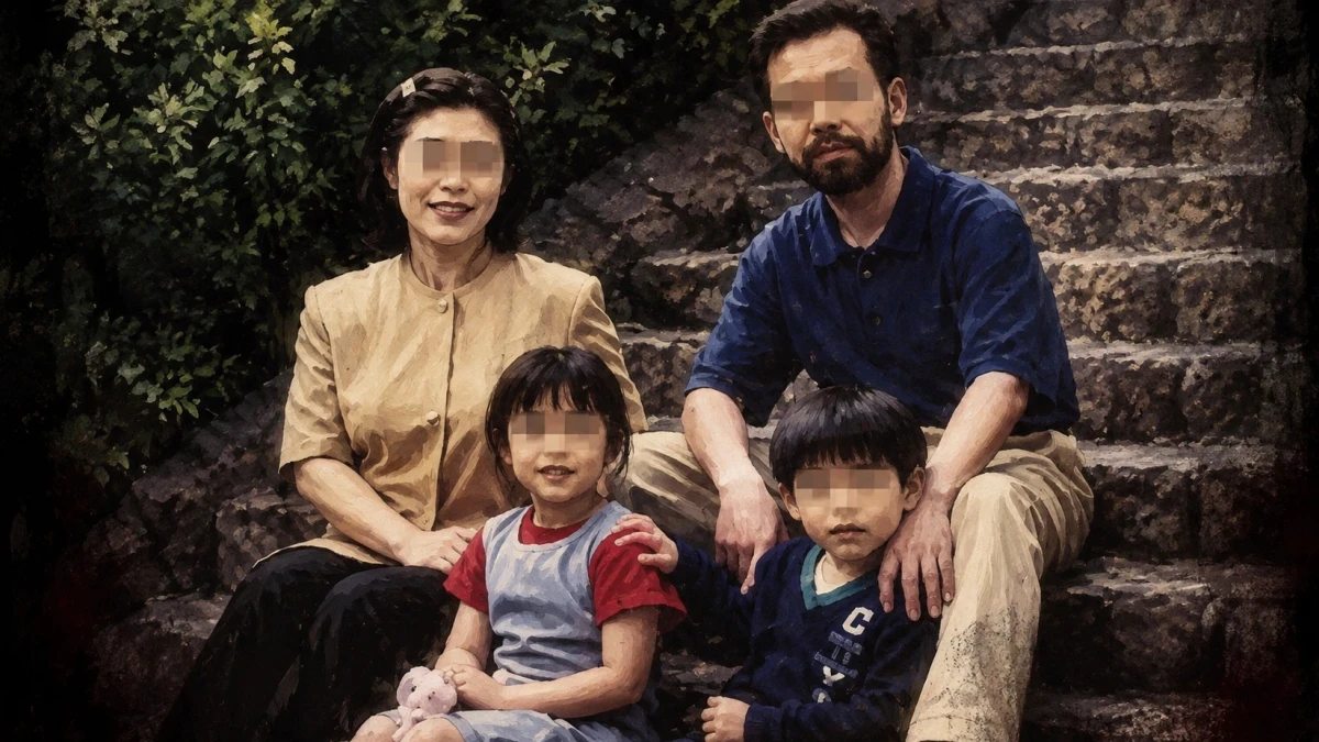 A painterly portrait of a family of four sitting close together on old stone steps beside dark green shrubs, a mother in a beige short-sleeved blouse, a bearded father in a navy polo shirt, a small girl in a red and pale blue top holding a pink toy and a small boy in a navy sweater, all four faces blurred out