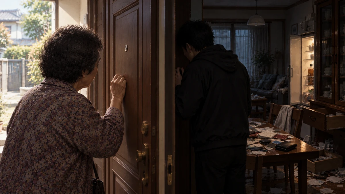 A painting split by a front door: outside in the morning light an elderly woman in a patterned blouse knocks on the wooden door, while inside the dim, ransacked house a man in a dark hooded jacket stands pressed against the other side of it, the refrigerator open behind him