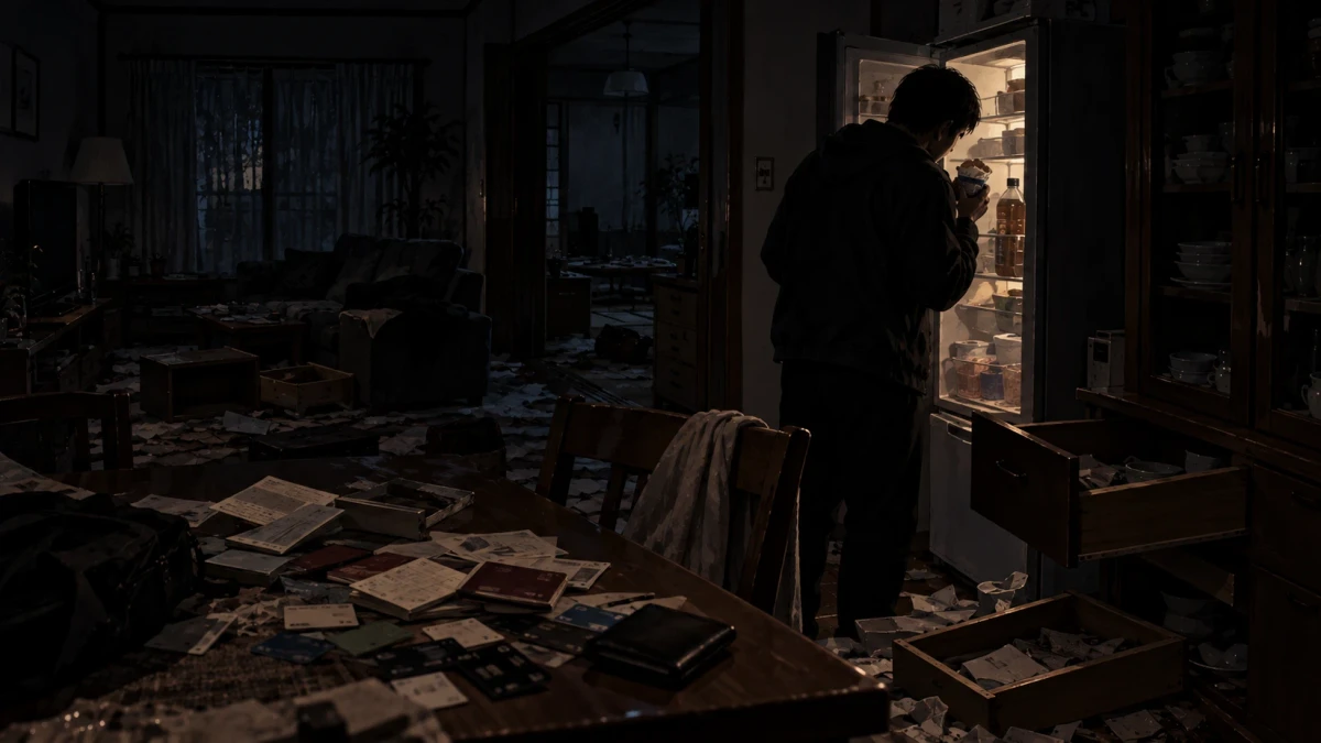 A painting of a dark Japanese home at night, a man seen from behind standing at an open refrigerator and eating from a cup in its light beside a bottle of barley tea, while pulled-out drawers lie on the floor and bankbooks, cards and papers are scattered across the dining table