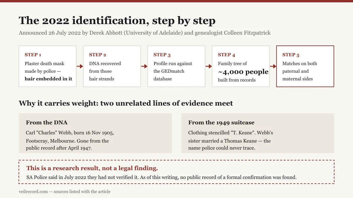 Five-step diagram of the 2022 Somerton Man identification: hair in the plaster death mask, DNA recovery, GEDmatch comparison, a 4,000-person family tree, and matches on both paternal and maternal lines