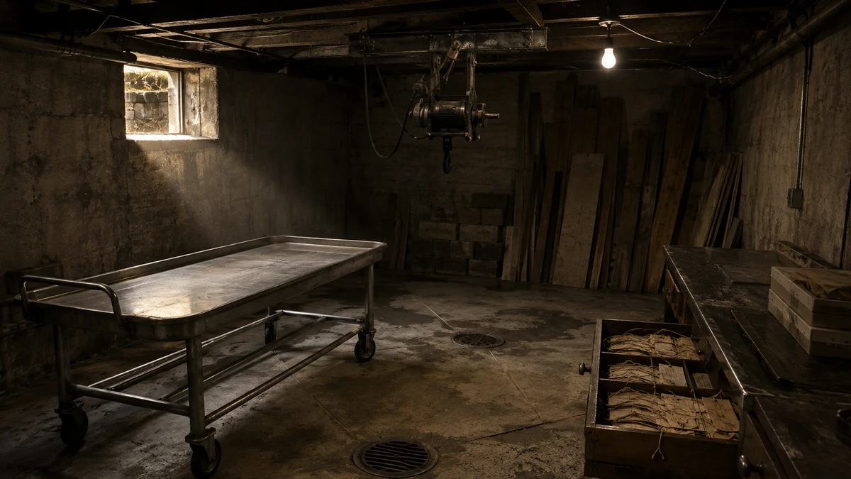 Dramatised illustration of a former funeral home basement: a stainless steel gurney with a raised lip, a winch and pulley bolted to the ceiling joists, drains set into the sloping concrete floor, a bare bulb on a cord, a small window at ground level, and an open drawer full of paper toe tags with strings