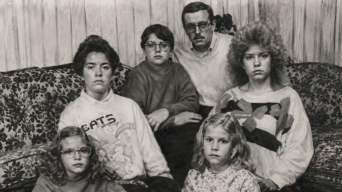 Dramatised black-and-white illustration in the style of a mid-1980s family portrait: six members of a household seated together on a patterned sofa in a panelled living room, all looking straight at the camera without smiling