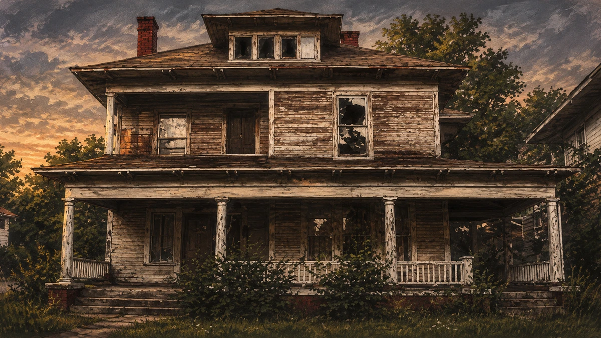 Dramatised illustration of an old New England house at dusk: a large clapboard home with a deep columned porch, peeling white paint and a broken upstairs window, against an orange evening sky