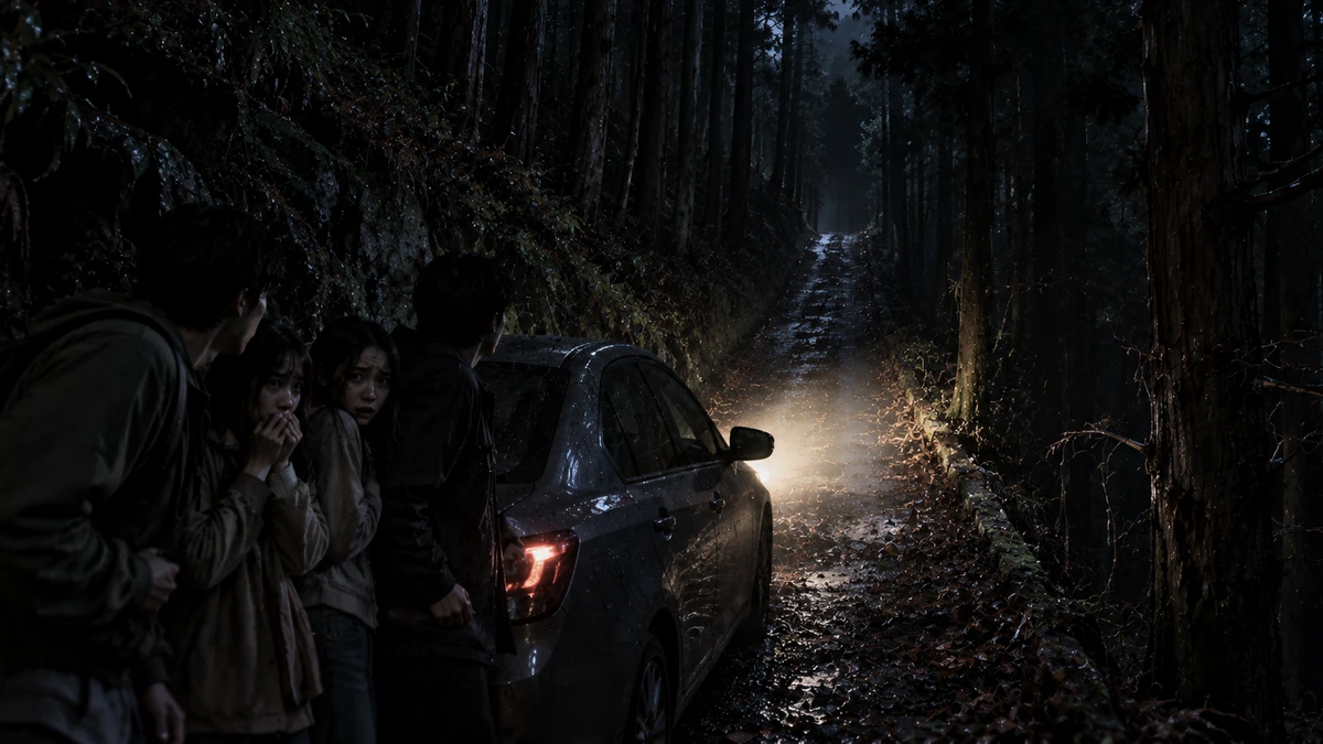 Night on a narrow mountain road in a cedar forest in Aomori, Japan: a small car stopped on the wet track with its headlights on, and four frightened young people huddled together at its rear, one covering her mouth with both hands, the road climbing away into darkness behind them