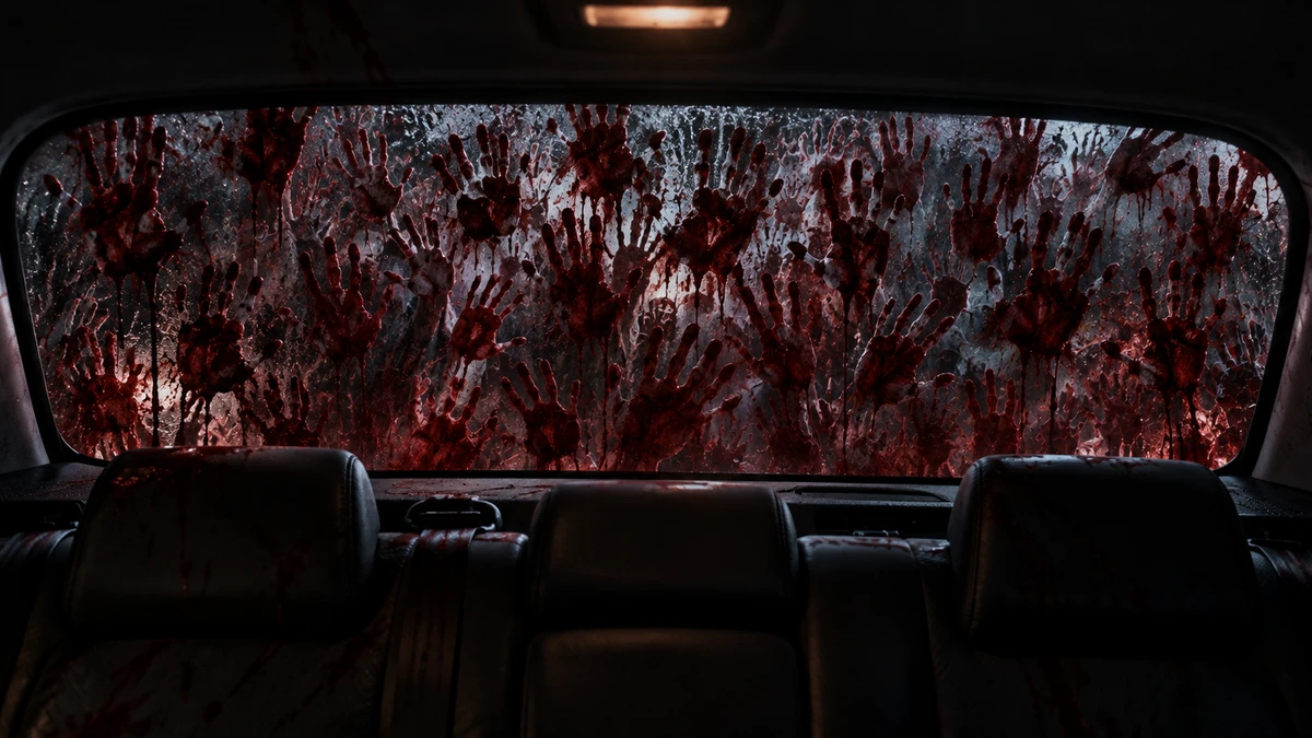 View from inside a dark car at night, looking back through the rear window: the whole pane is covered in dozens of red handprints pressed against the glass, blood running down in streaks, the black leather rear seats and headrests spattered with red below the window