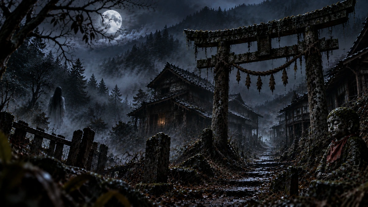 Illustration of the entrance to the legendary Sugisawa village in Aomori, Japan, at night: a moss-covered torii gate hung with a rotting straw rope, a stone path climbing between broken fences toward abandoned wooden houses on a misty mountainside, a full moon behind bare branches, a pale figure with long hair standing far off among the trees, and in the foreground a weathered stone statue wearing a faded red bib