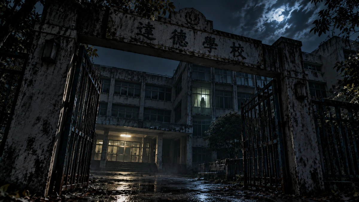 The gate of an abandoned two-storey school at night under a full moon: the rusted iron gates stand half open beneath a stained concrete arch carved with the school's name, the wet courtyard beyond reflects a single light burning in the entrance hall, and in a lit upstairs window a long-haired figure stands behind a thin curtain looking down at the gate
