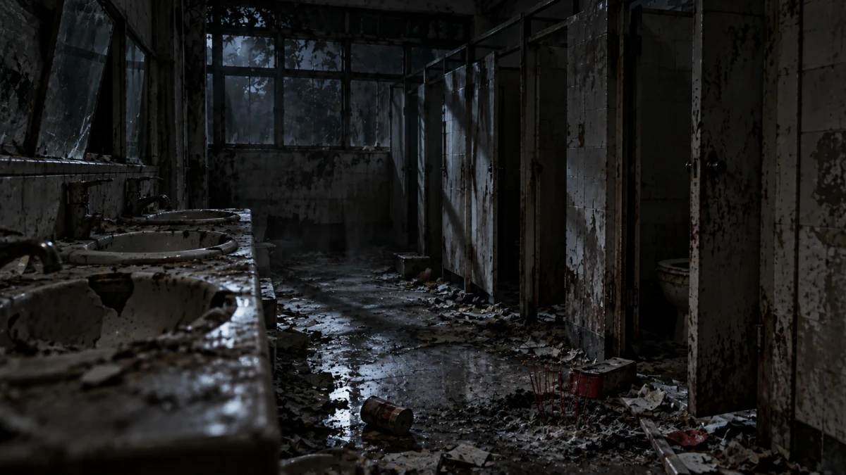 An abandoned school toilet at night: a row of cracked, stained washbasins beneath broken mirrors on the left, a line of grimy cubicles with their doors ajar on the right, rubble, dead leaves and litter across a wet tiled floor, and a cluster of burnt-out incense sticks standing in front of the far cubicles as moonlight falls through a barred window at the end of the room