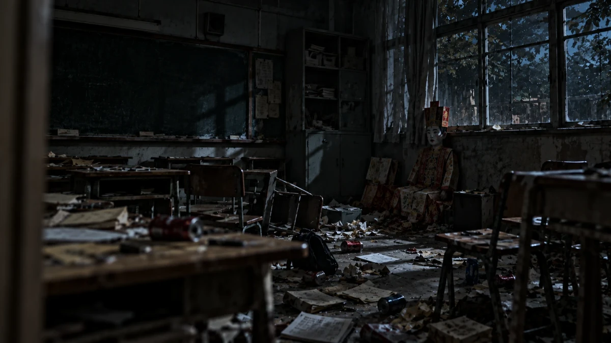 A dark, derelict classroom: overturned desks and chairs, scattered papers and soft-drink cans across the floor, a blackboard in shadow, and in the far corner beside a curtained window a life-size paper funeral effigy in a tall hat and embroidered robe, its white painted face turned toward the room