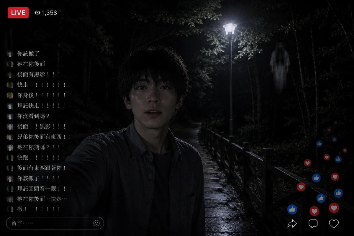 Dramatised recreation of the 2018 livestream described in news reports: a young man films himself on a dark campus path at night with a streetlamp and a wooden bridge railing behind him, a pale long-haired figure hanging in the trees in the background, and a column of viewer comments and reactions on the screen
