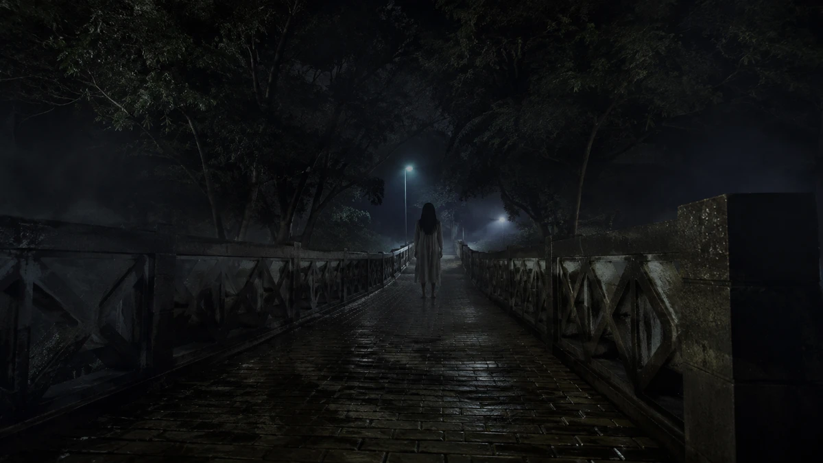 Dramatised illustration of the Tunghai University ghost bridge legend: a wet brick footbridge at night under dark trees, a single streetlamp glowing in the mist, and a long-haired woman in a pale dress standing at the far end with her back to the viewer
