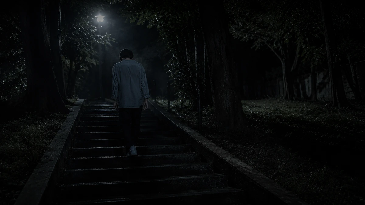 Dramatised illustration of the Tunghai ghost bridge legend: a young man in a grey shirt climbs a long flight of wet stone steps alone at night, head down, beneath a single streetlamp among dark trees