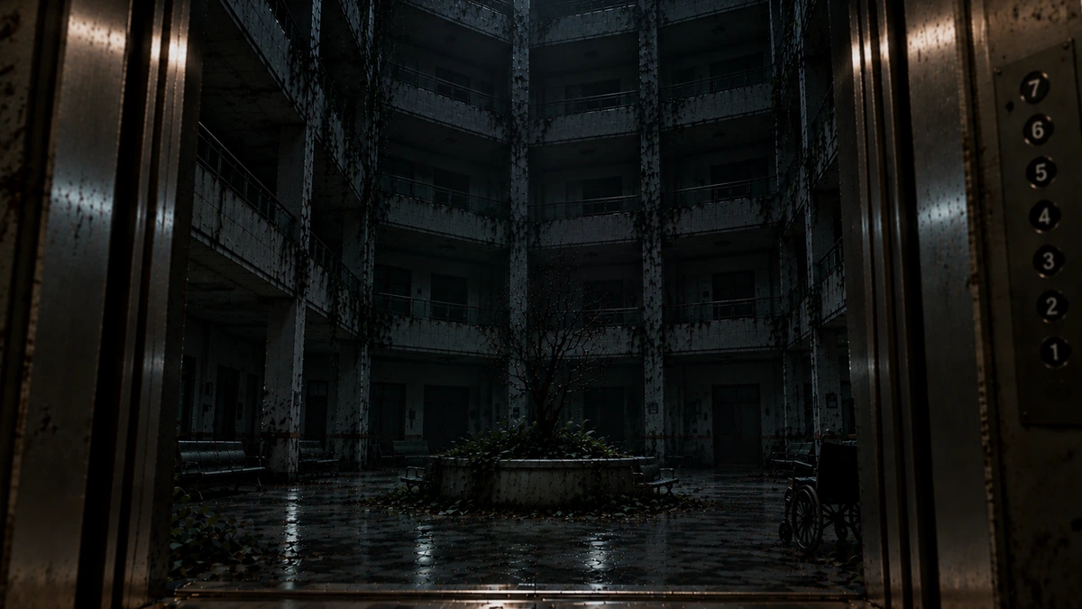 Dramatised illustration of the abandoned Xinglin Hospital in Tainan: the view out of a lift with its doors open, the floor buttons one to seven on the panel at the right, looking across a rain-wet ground-floor atrium that rises the full height of the building, a bare tree in a planter at its centre, creepers hanging down the columns, benches and an abandoned wheelchair around the edges, and not one lit window on any of the floors above
