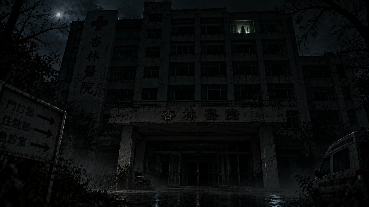 Dramatised illustration of the abandoned Xinglin Hospital in Tainan at night: a dark multi-storey hospital block under a clouded moon, its carved name board above the entrance canopy and a red cross high on the tower, a weathered directional sign for outpatients, wards and emergency in the foreground, a wheelchair and an old ambulance left by the doors, and one lit window on an upper floor with a faint figure standing in it