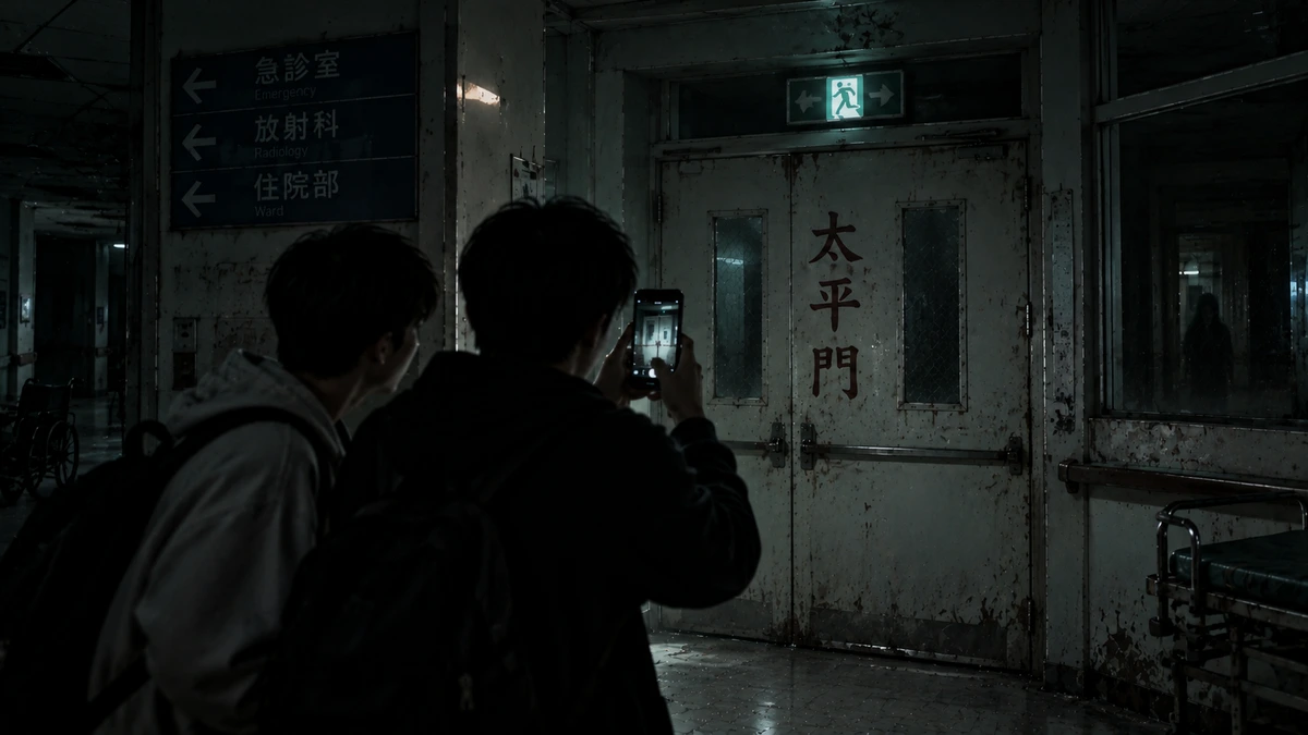 Dramatised illustration of the abandoned Xinglin Hospital in Tainan: two young men seen from behind in a dark hospital corridor, one holding up a phone to photograph a rusted double fire door painted with three large Chinese characters, a lit exit sign above the door, a directional ward sign on the wall beside them, and a faint figure standing in the glass at the far right