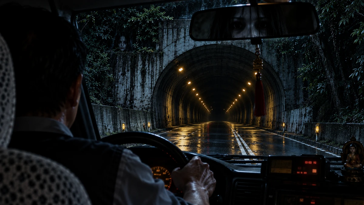 Dramatised illustration from the driver's seat of a taxi at night, entering the Xinhai Tunnel in Taipei, Taiwan: wet road reflecting the tunnel's yellow lamps, the driver's hand on the wheel, a red tassel and a small Buddha figure on the dashboard, and in the rear-view mirror the pale face and long dark hair of a woman sitting in the back seat