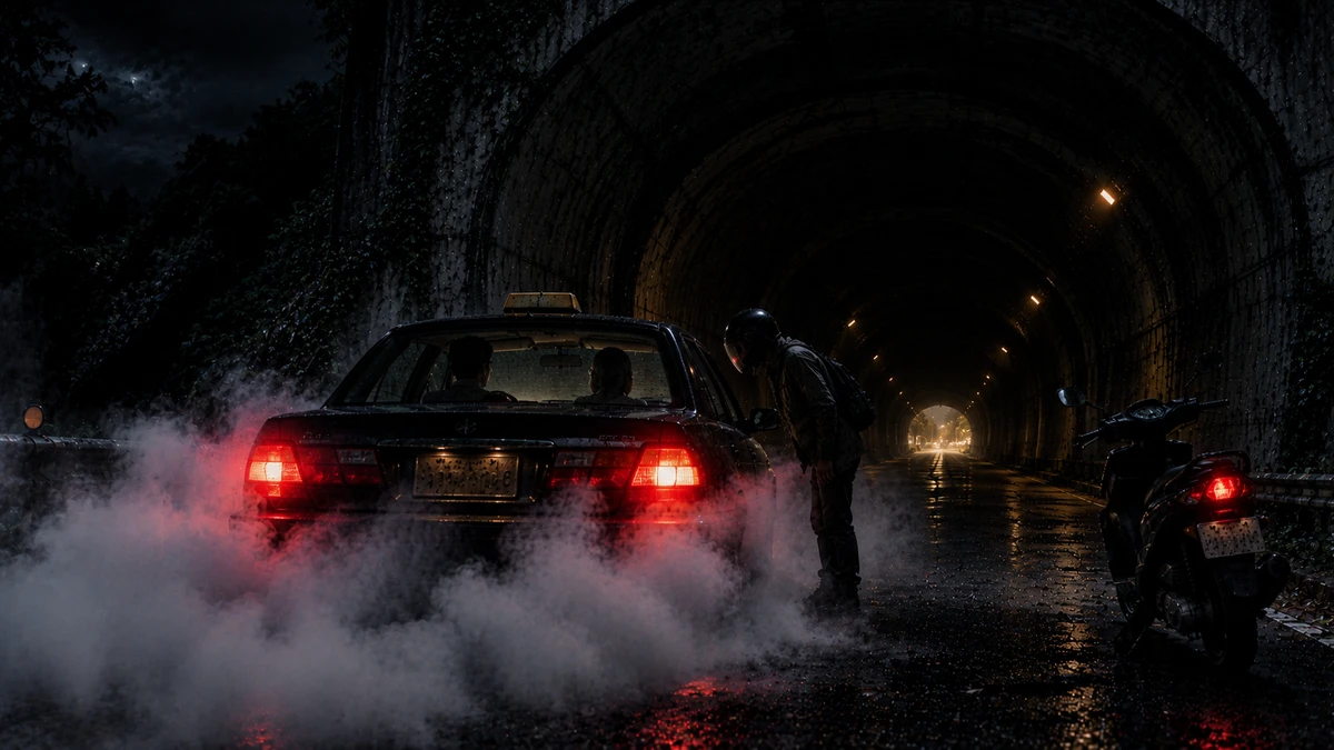 Dramatised illustration inside the Xinhai Tunnel in Taipei, Taiwan at night: a dark taxi stopped near the exit with its brake lights glowing red, white smoke boiling up from its rear wheels, two figures sitting motionless inside, a helmeted scooter rider leaning towards the passenger window with his scooter parked behind him, and the far exit glowing at the end of the tunnel