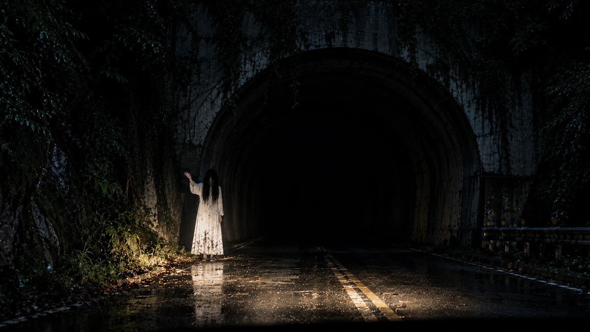 Dramatised illustration of the mouth of the Xinhai Tunnel in Taipei, Taiwan on a wet night: a woman with long black hair in a stained white dress standing at the roadside beside the tunnel entrance with one hand raised, wet leaves scattered on the road, the yellow centre line running into the dark of the tunnel, and ivy hanging over the concrete portal