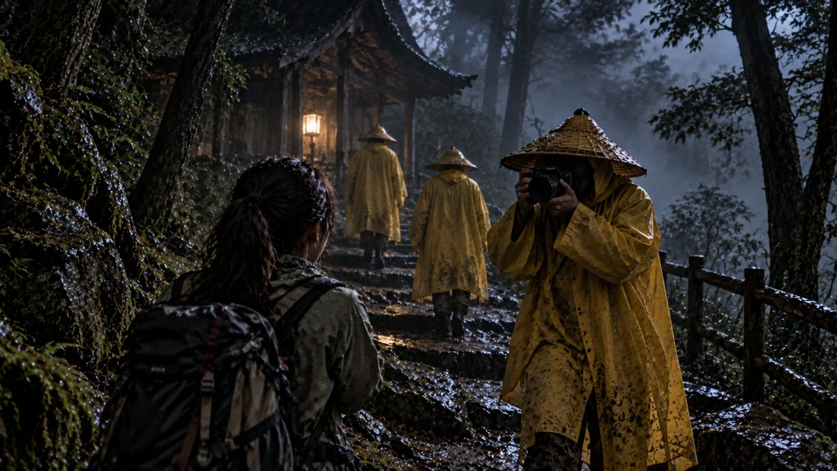 A cinematic night scene on wet stone steps in a misty mountain forest: a woman hiker with a ponytail and a large backpack, seen from behind, faces a figure in a wide conical bamboo hat and a mud-spattered yellow rain cape who holds a camera up in both hands where his face should be, while two more figures in the same hats and capes climb the steps away towards a lamp-lit wooden building