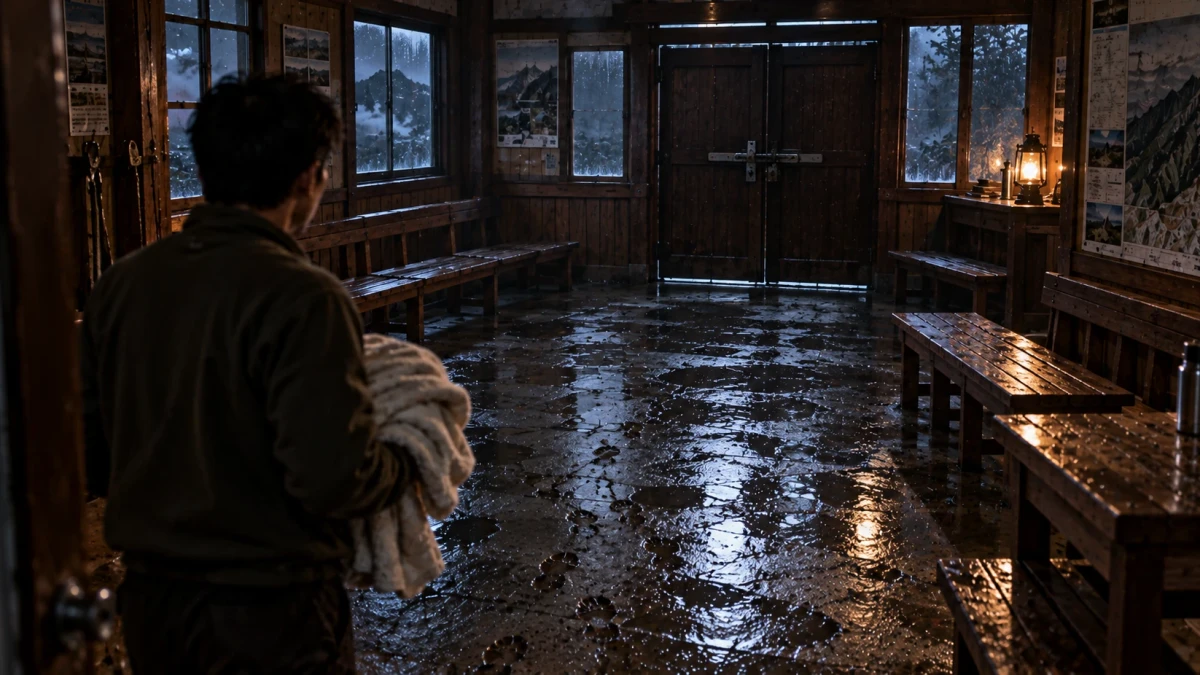 A cinematic night scene inside an old wooden mountain hut: a man seen from behind holds a bundle of towels and looks across an empty hall, where rain-wet wooden benches line the walls and the soaked floor is covered in muddy footprints, a heavy double wooden door at the far end is bolted shut, rain streaks the windows and an oil lamp glows on a side table