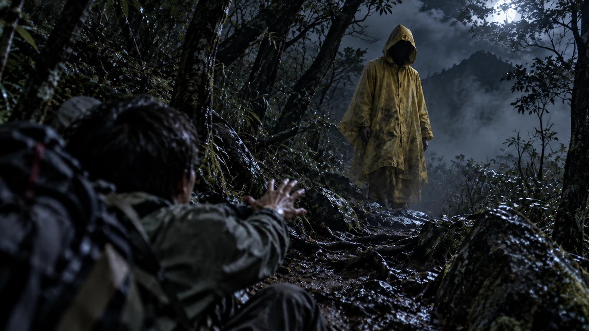 A cinematic night scene on a wet, rocky mountain trail among dark trees: in the foreground a hiker with a large backpack, seen from behind, reaches out one hand towards a figure standing further up the path in a long, mud-stained yellow hooded rain cape, the face inside the hood completely dark, with mist, a jagged mountain ridge and a full moon behind